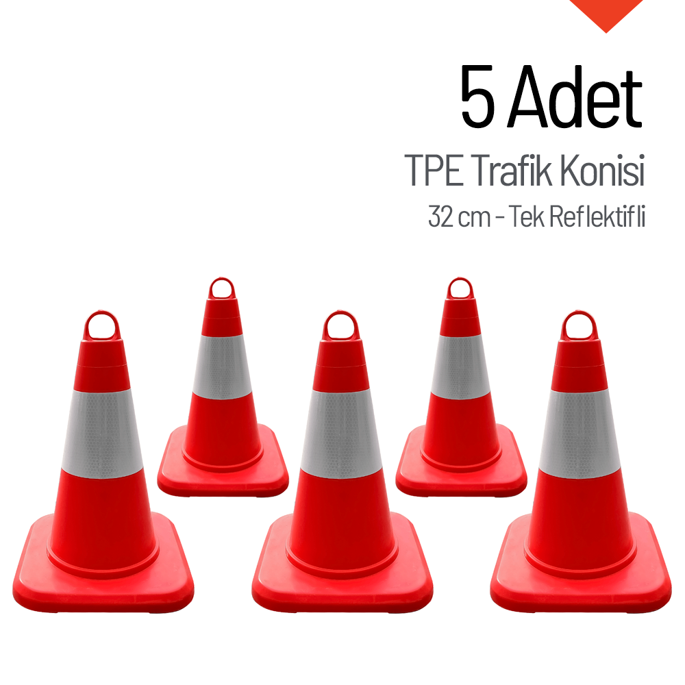 5'li TPE Trafik Konisi Seti 32 cm Tek Reflektifli Trafik DubasıTrafik Konisi PVC 50 cm