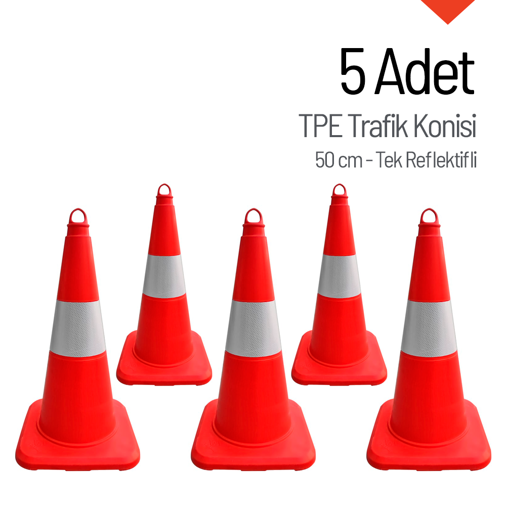 5'li TPE Trafik Konisi Seti 50 cm Tek Reflektifli Trafik DubasıTrafik Konisi PVC 50 cm