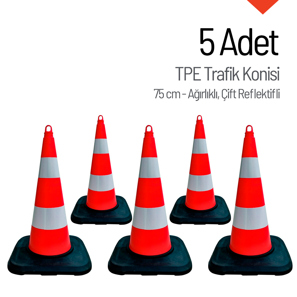 5'li TPE Trafik Konisi Seti 75 cm Ağırlıklı Çift Reflektifli Trafik DubasıTrafik Konisi PPC 50-60-75 cm