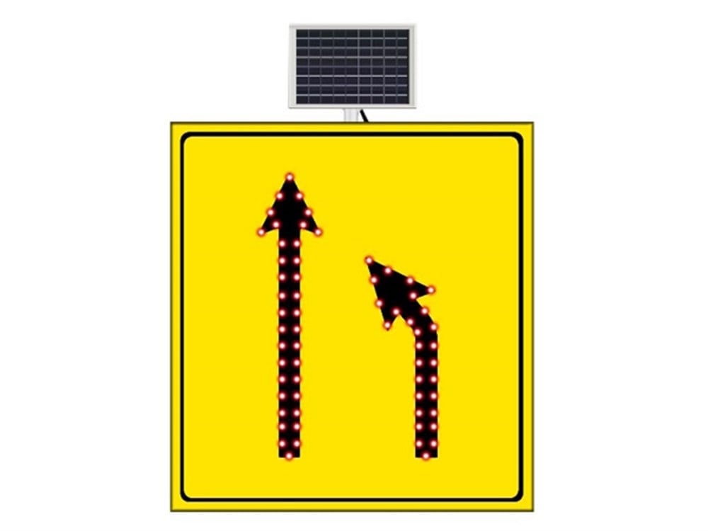 Solar '' Road Narrows on Left'' Sign 110 x 120 cm