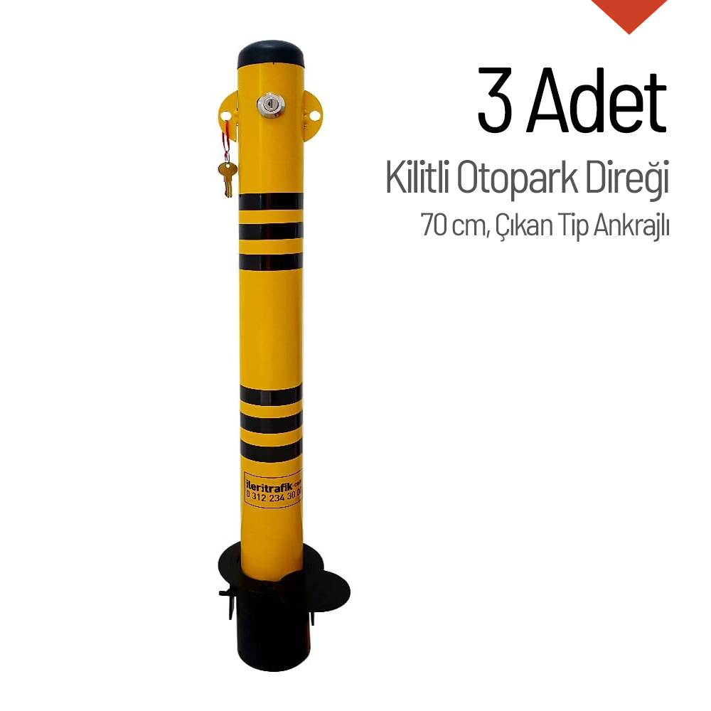 Kilitli Otopark Direği 70 cm, Çıkan Tip Ankrajlı Park Bariyeri 3 AdetKilitli Park Direkleri