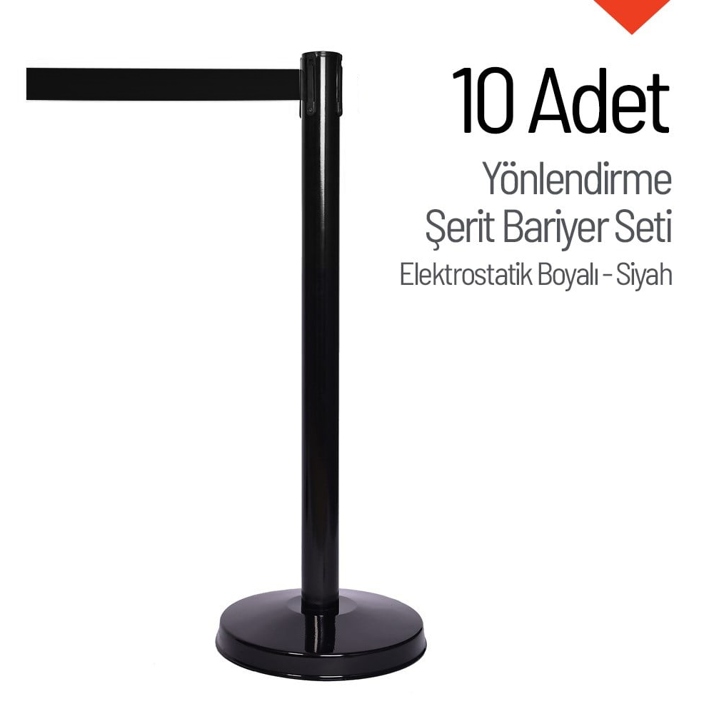 10-Piece Discounted Set of Black Retractable Belt Barrier- Electrostatically Painted