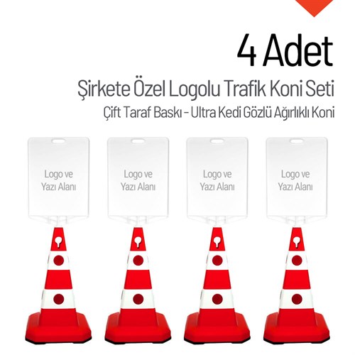 Şirkete Özel Logo Çift Taraf Baskı Ultra Kedi Gözlü Ağırlıklı Trafik Koni 4 Adet Trafik DubasıTrafik Konisi Setleri