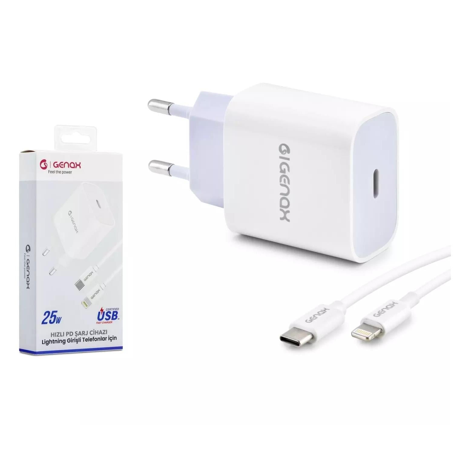 GENAX GNX012 LIGHTNING - TYPE-C ŞARJ ADAPTÖRÜ SET PD 25W BEYAZ
