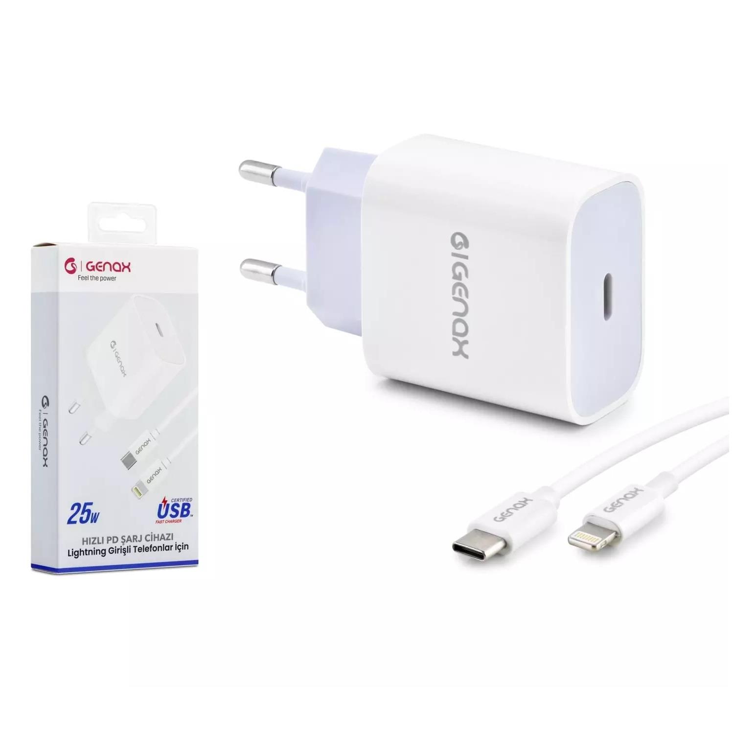 GENAX GNX012 LIGHTNING - TYPE-C ŞARJ ADAPTÖRÜ SET PD 25W BEYAZ