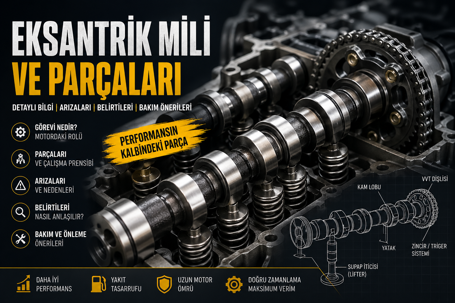 Eksantrik mili ve parçalarının motor üzerindeki görünümü