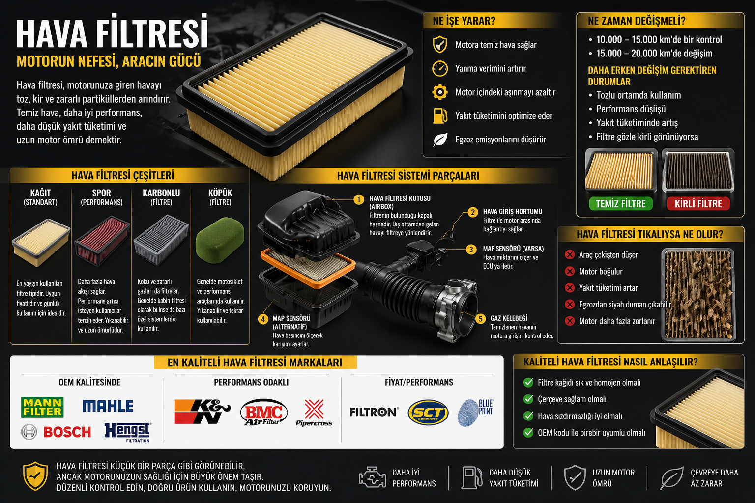Motor hava filtresi ve hava filtre sistemi parçaları detaylı görünüm
