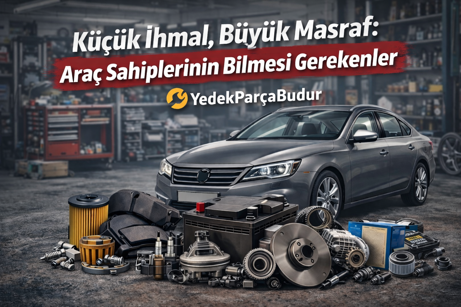 Araç bakımında kullanılan yedek parçalar ve tamirhanede araç görseli