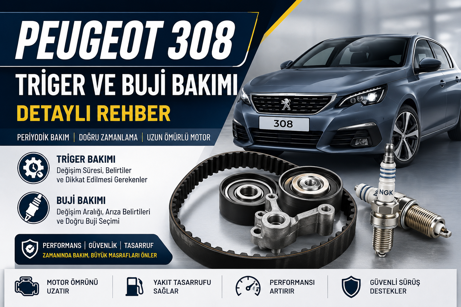 Peugeot 308 triger kayışı ve buji bakım rehberi kapak görseli