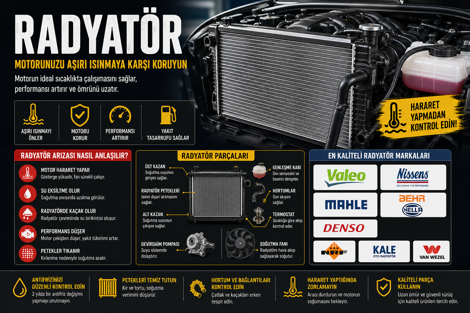 Araç radyatörü ve motor soğutma sistemi detaylı görünüm
