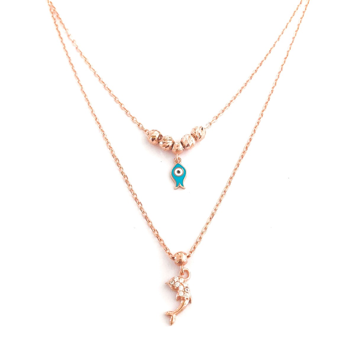 Turkuaz Mine Balık Figür İkili Kolye 