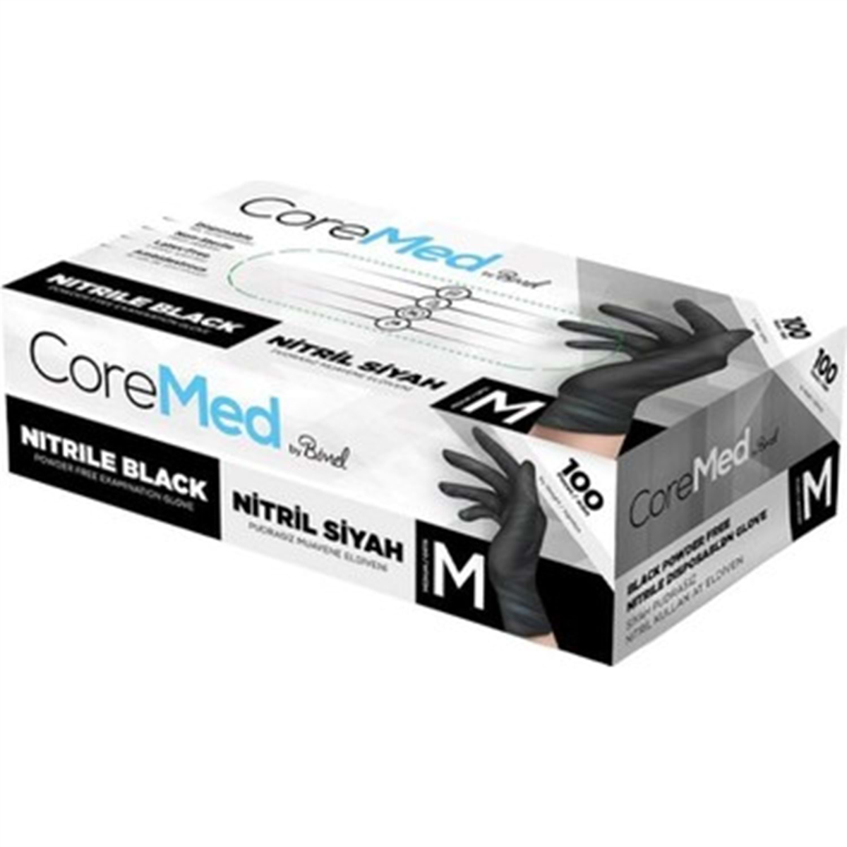 CoreMed 100 lü Siyah Pudrasız Muayene Eldiveni M Beden