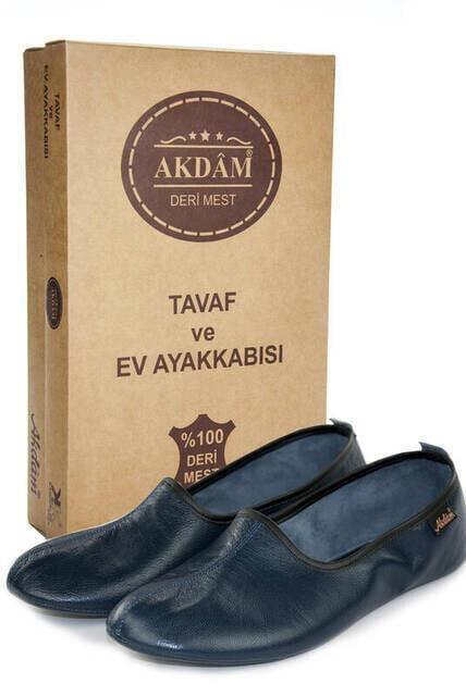 100 Deri Hac Umre Tavaf Patiği ve Ev Ayakkabısı Lacivert