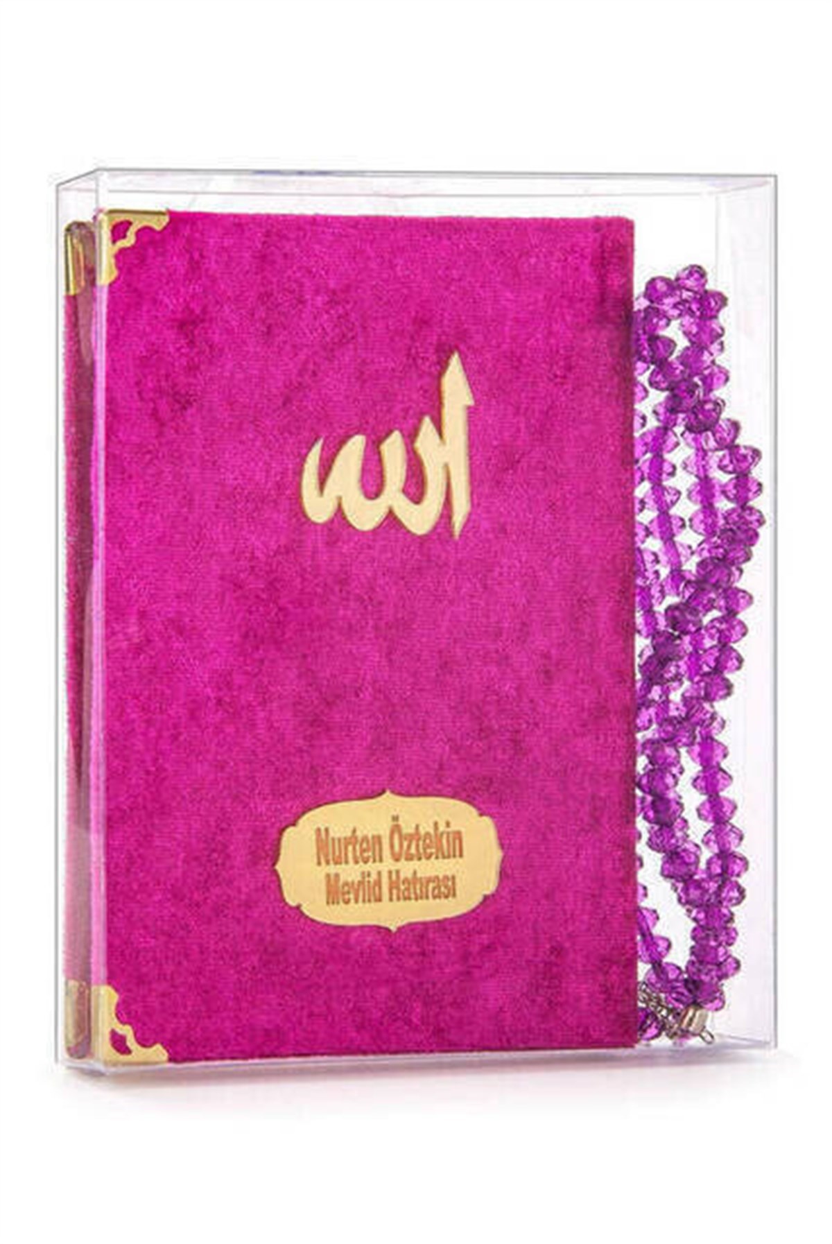 20 Adet Kadife Kaplı Yasin Kitabı - Çanta Boy - İsim Baskılı Plaka - Tesbihli - Şeffaf Kutulu - Fuşya - Hediyelik Yasin Seti