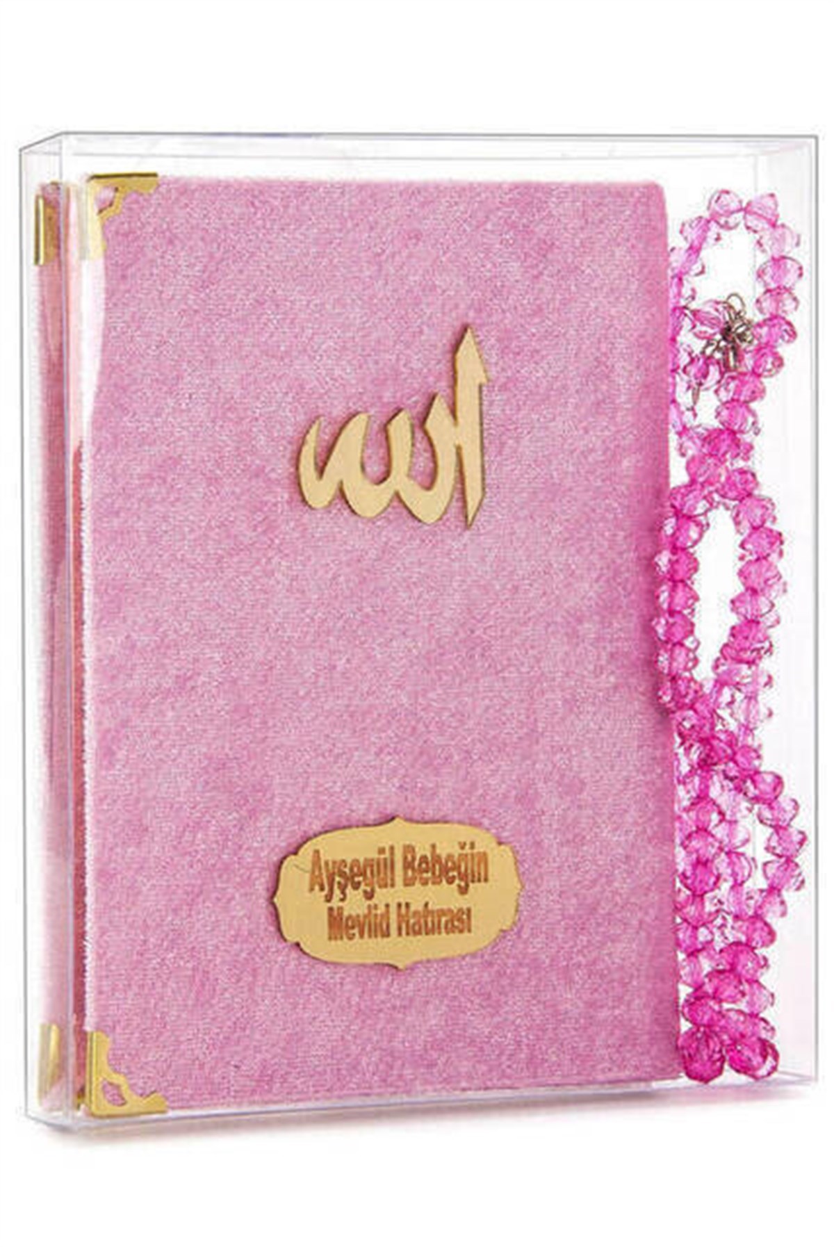 20 Adet Kadife Kaplı Yasin Kitabı - Çanta Boy - İsim Baskılı Plaka - Tesbihli - Şeffaf Kutulu - Pembe - Hediyelik Yasin Seti