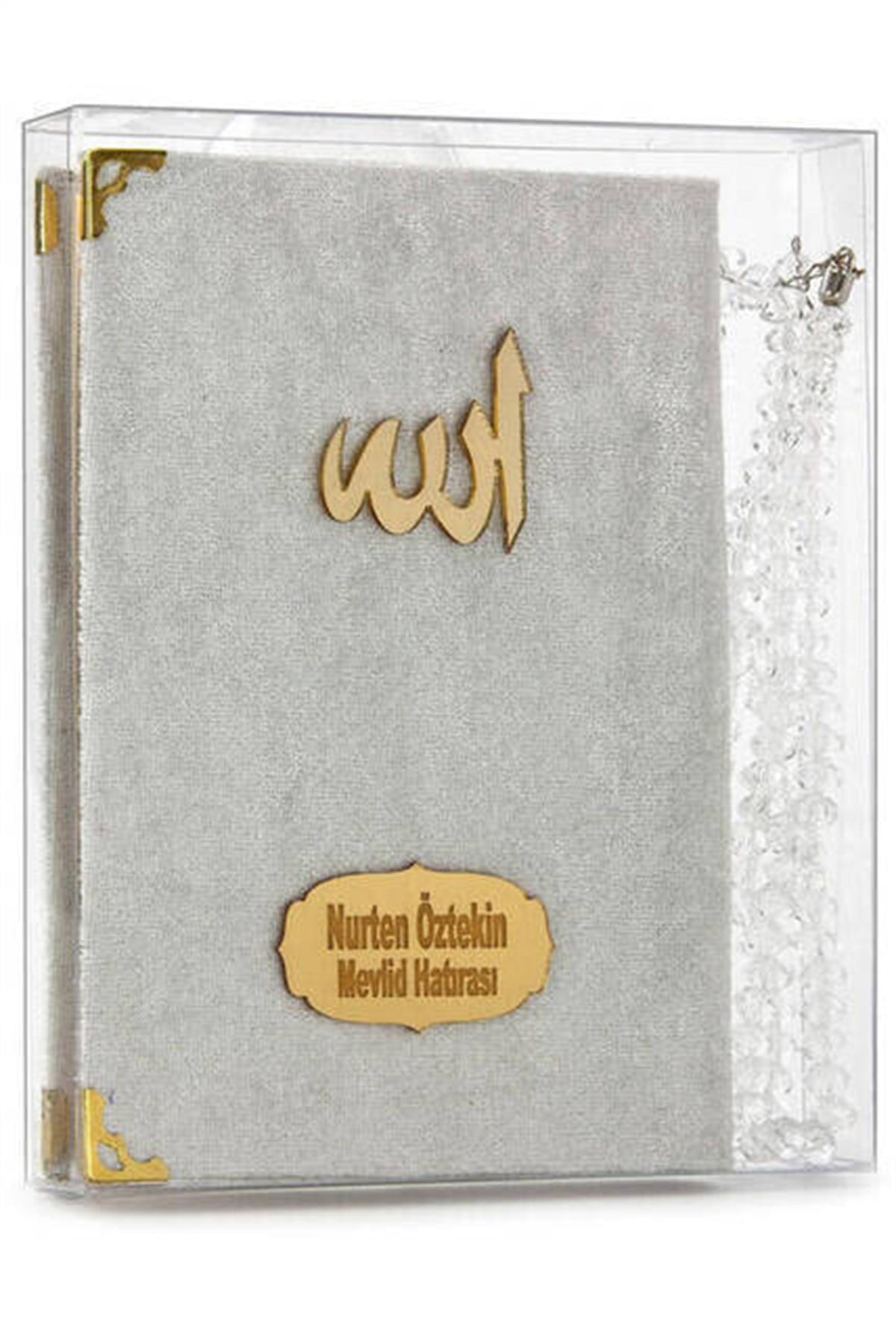 20 Adet Kadife Kaplı Yasin Kitabı - Çanta Boy - İsim Baskılı Plaka - Tesbihli - Şeffaf Kutulu - Krem - Hediyelik Yasin Seti