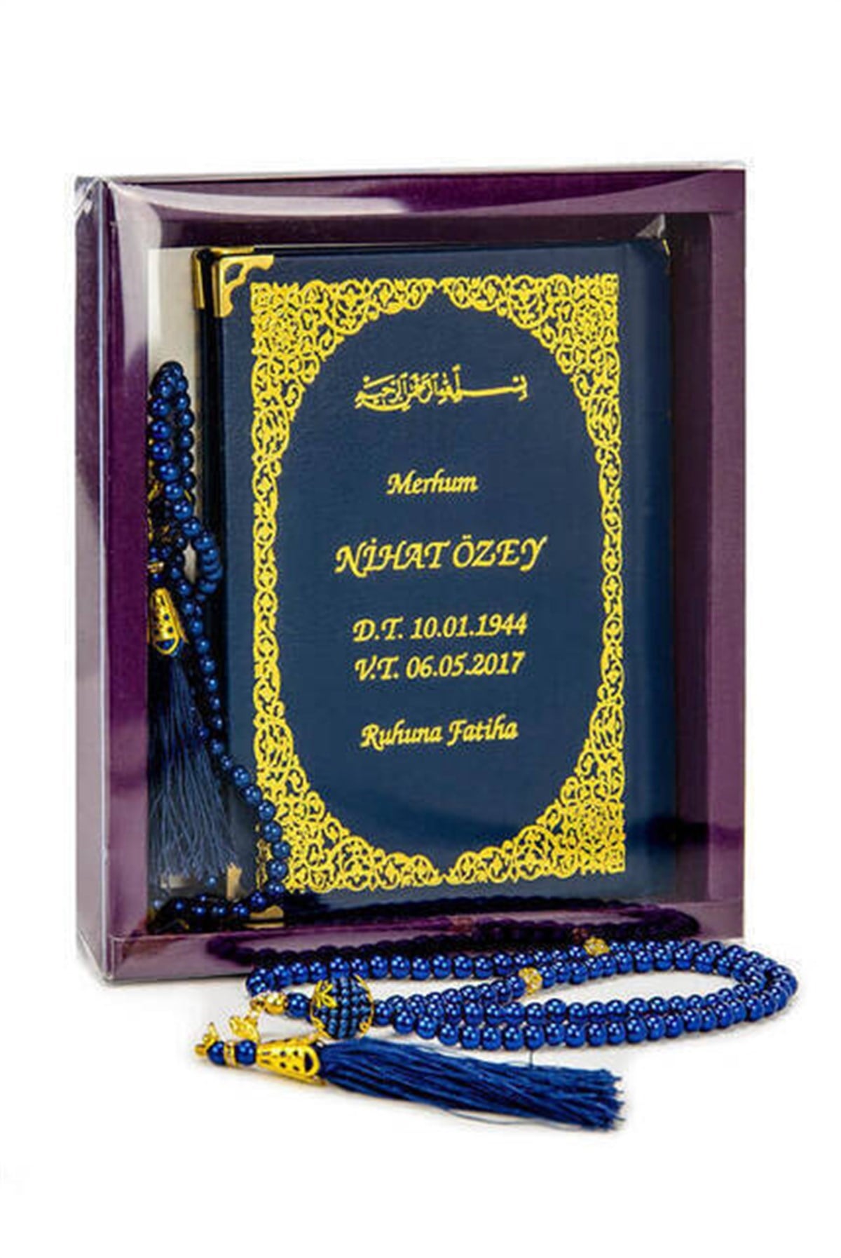 50 ADET - İsim Baskılı Ciltli Yasin Kitabı - Çanta Boy - 128 Sayfa - Kutulu - Vavlı İnci Tesbih - Lacivert Renk - Hediyelik Set