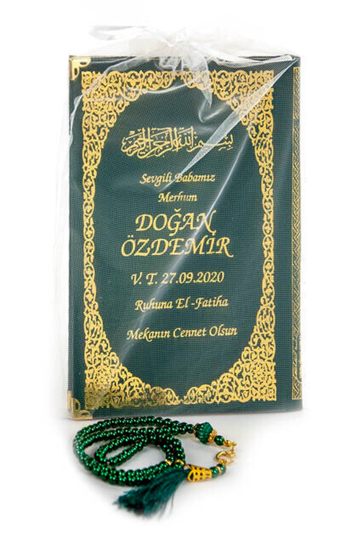 50 ADET - İsim Baskılı Ciltli Yasin Kitabı - Orta Boy - İnci Tesbihli - Tül Keseli - Yeşil Renk