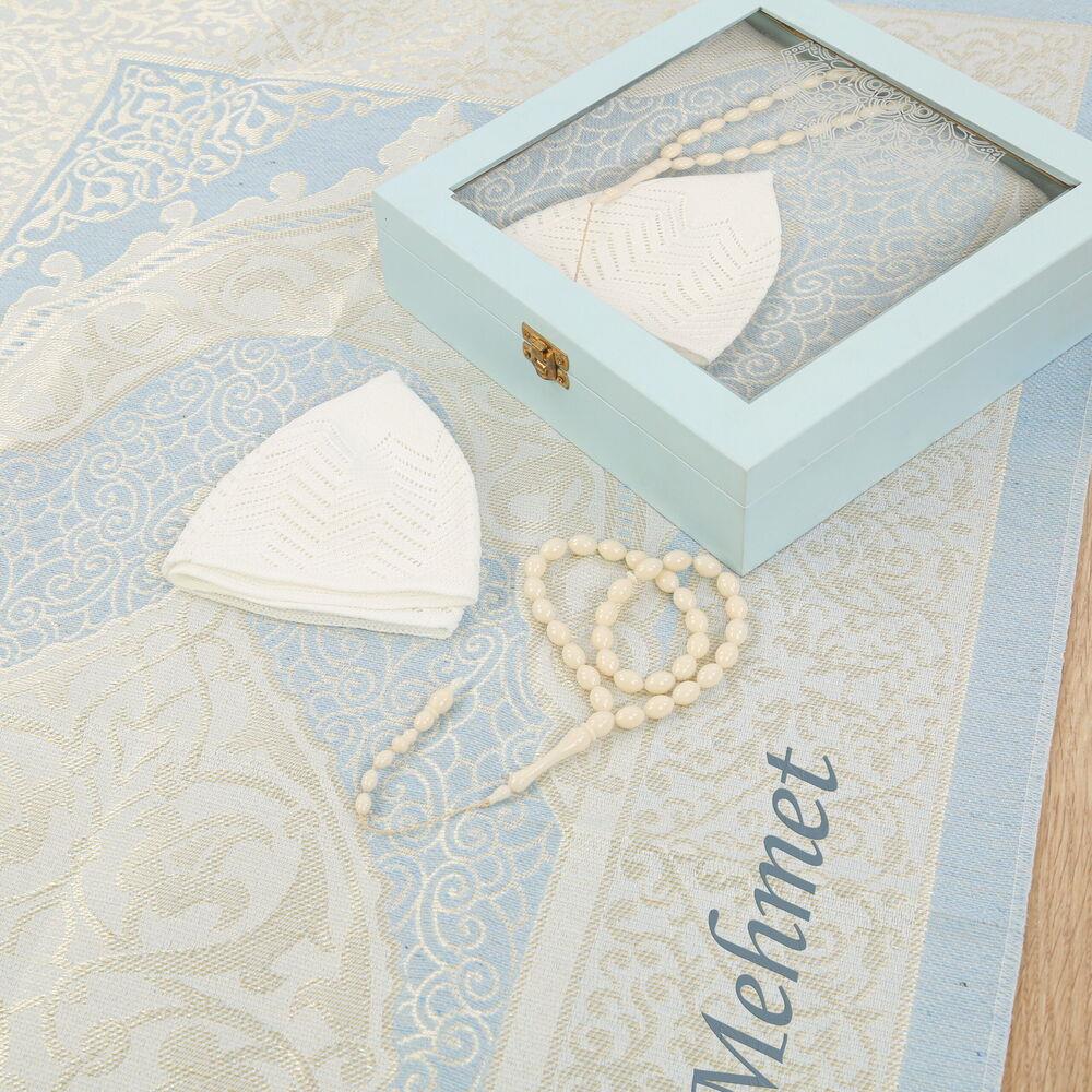 Ahşap Kutulu Seccade Seti-Mavi(24*24*6 cm,1040 gr)