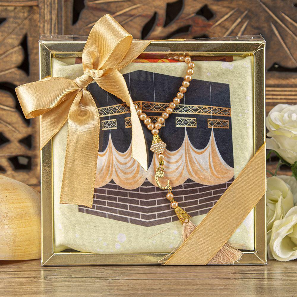 Çocuk Seccadesi, İnci Tesbihli Asetat Kutulu Set-Turuncu 42*85 cm