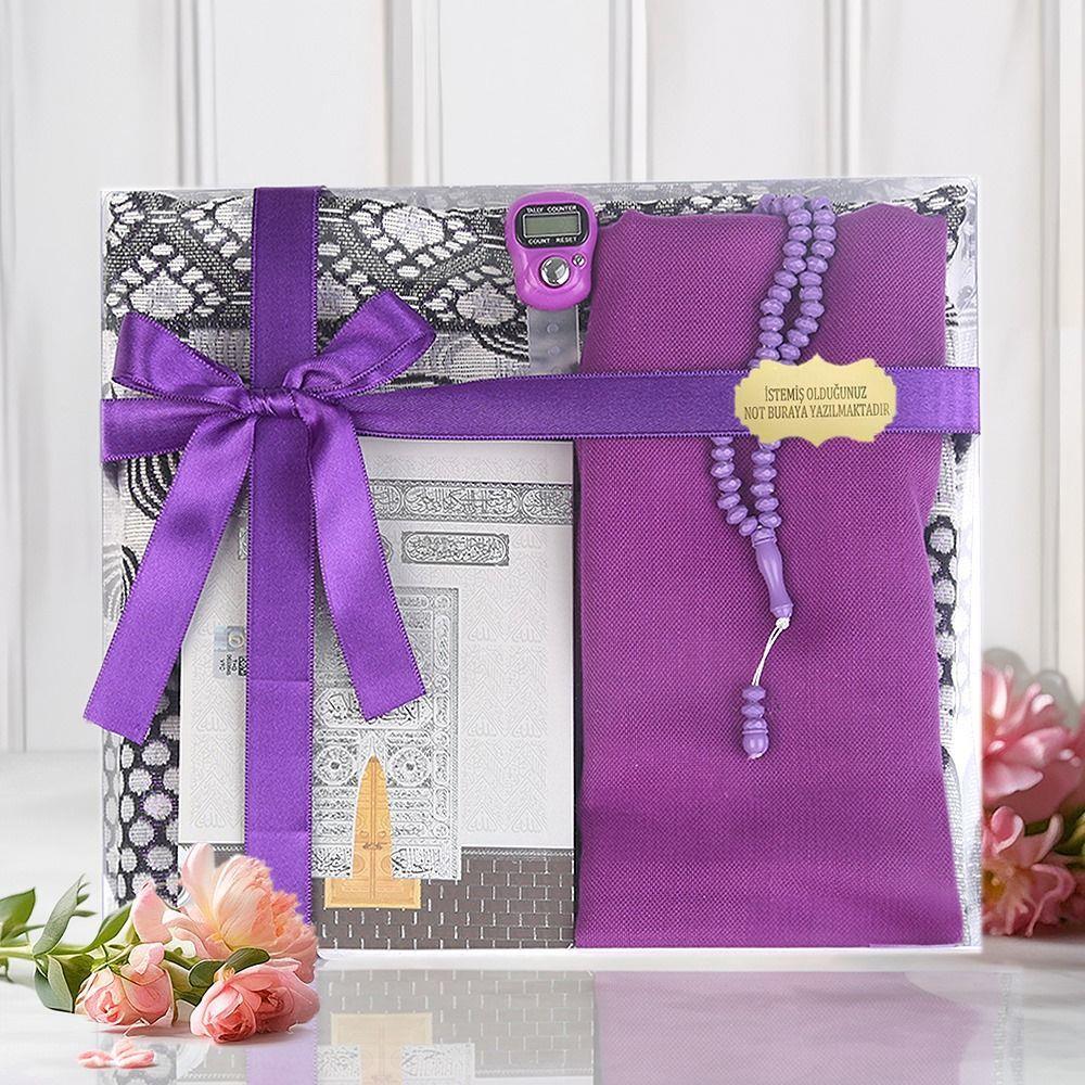 Ekonomik Çanta Boy Yasin, Seccade, Tesbih, Zikirmatik, Süslemeli Asetat Kutulu (23*26 cm -475gr)-Mor