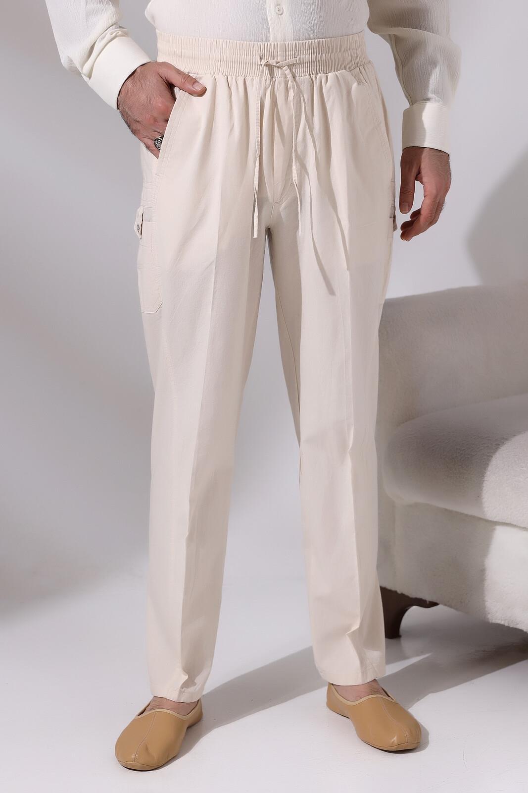 Erkek Krem Çınar Beach Yandan Cepli Rahat Kesim Beli Lastikli Kargo Şalvar Pantolon