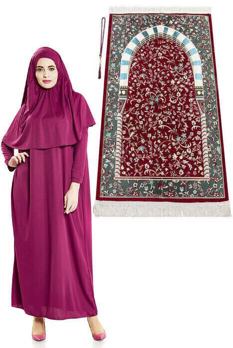Fuşya Namaz Elbisesi - Ravza Motifli Seccade ve Tesbih - İbadet Seti