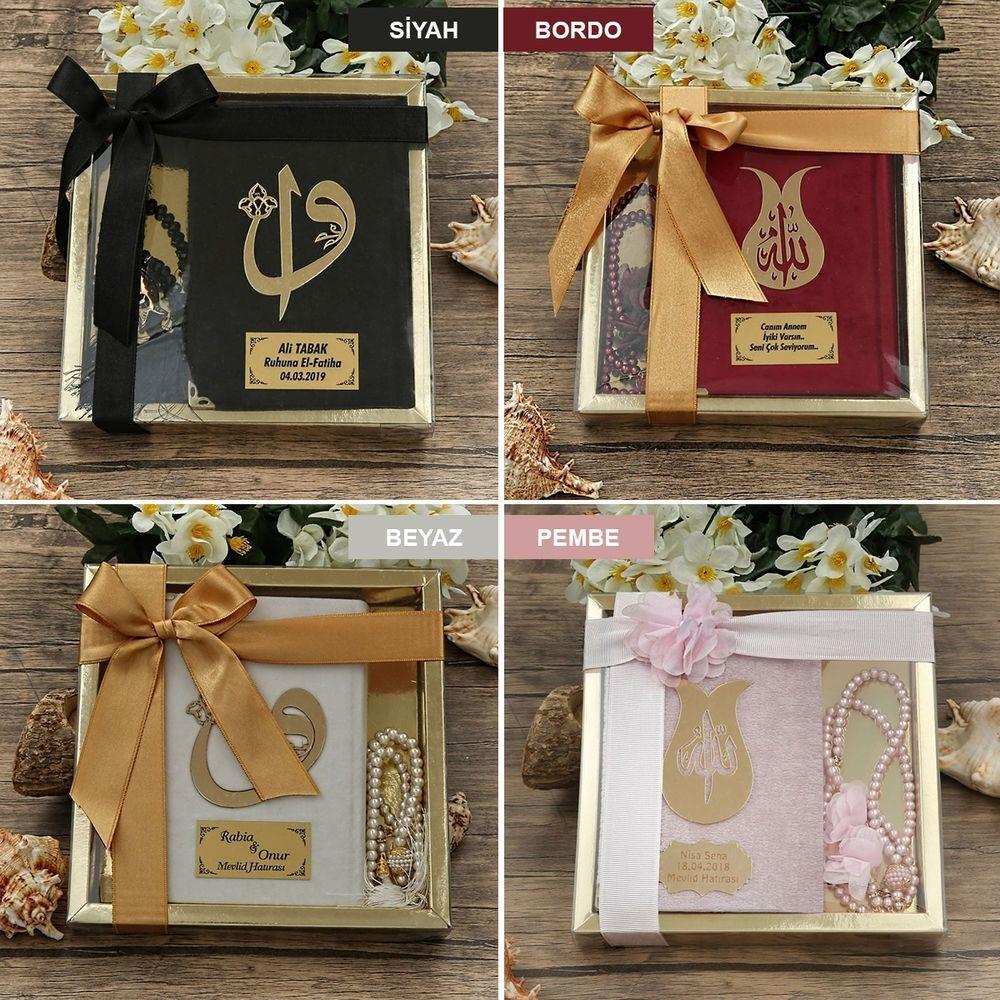 Hediyelik Kadife Kur'an-ı Kerim, İnci Tesbih, Gold Asetat Kutulu (20×20) Dini Set