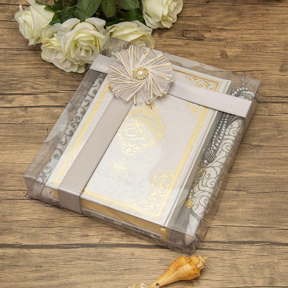 Hediyelik Kuran-ı Kerim, İnci Tesbih, Seccade, Asetat Kutulu(25X18 cm) Mevlid Paketi-Gri