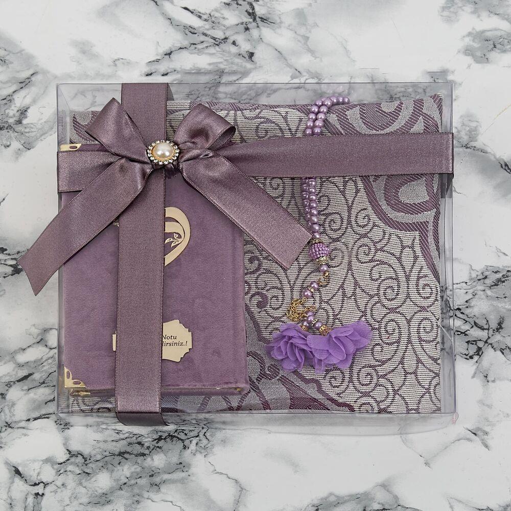 Hediyelik Seccade, İnci Tesbih, Kur'an-ı Kerim (Çanta Boy), Asetat Kutulu (26×23) Dini Set-Mor