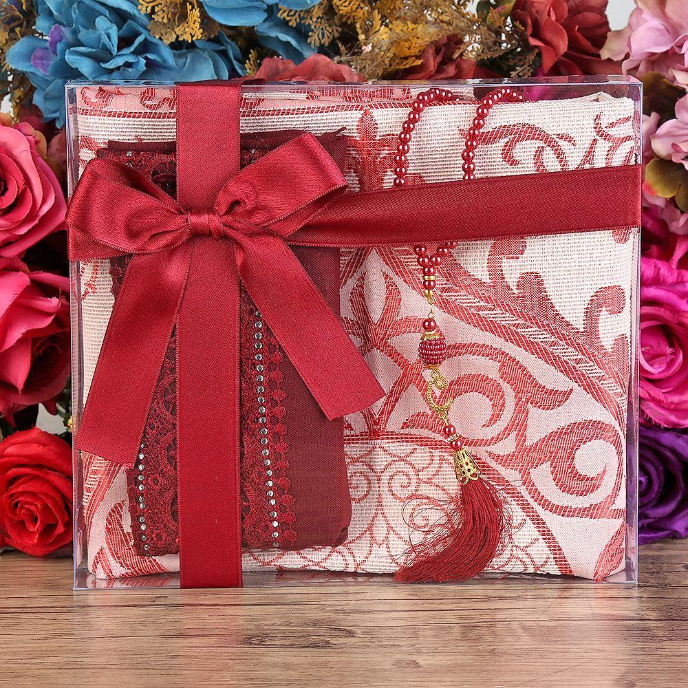 Hediyelik Seccade, Şal, İnci Tesbih, Asetat Kutulu (26×23) Set-Bordo