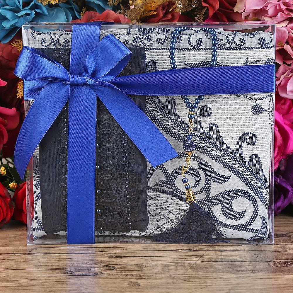 Hediyelik Seccade, Şal, İnci Tesbih, Asetat Kutulu (26×23) Set-Lacivert