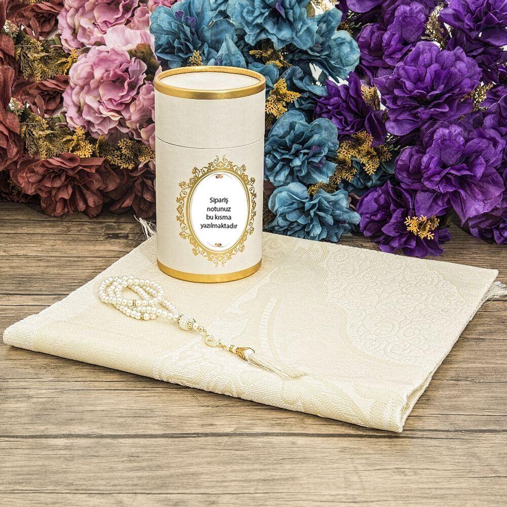 Hediyelik Silindir Kutu (18x10), Seccade, İnci Tesbihli Set-Krem