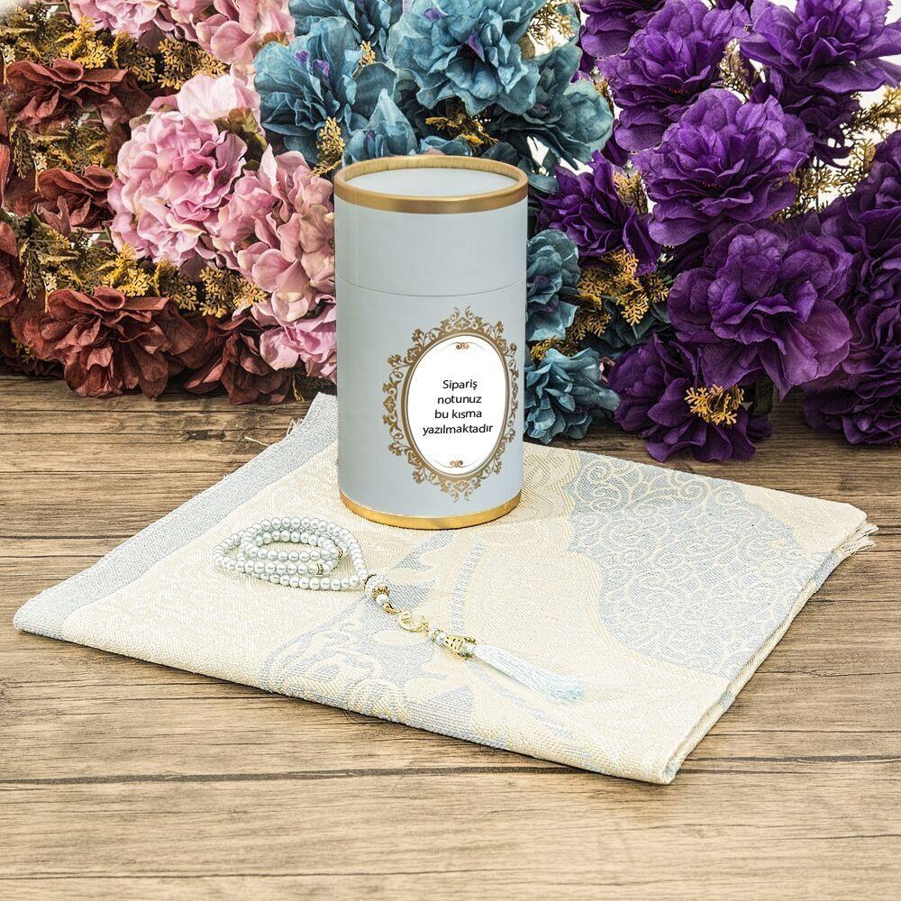 Hediyelik Silindir Kutu (18x10), Seccade, İnci Tesbihli Set-Mavi