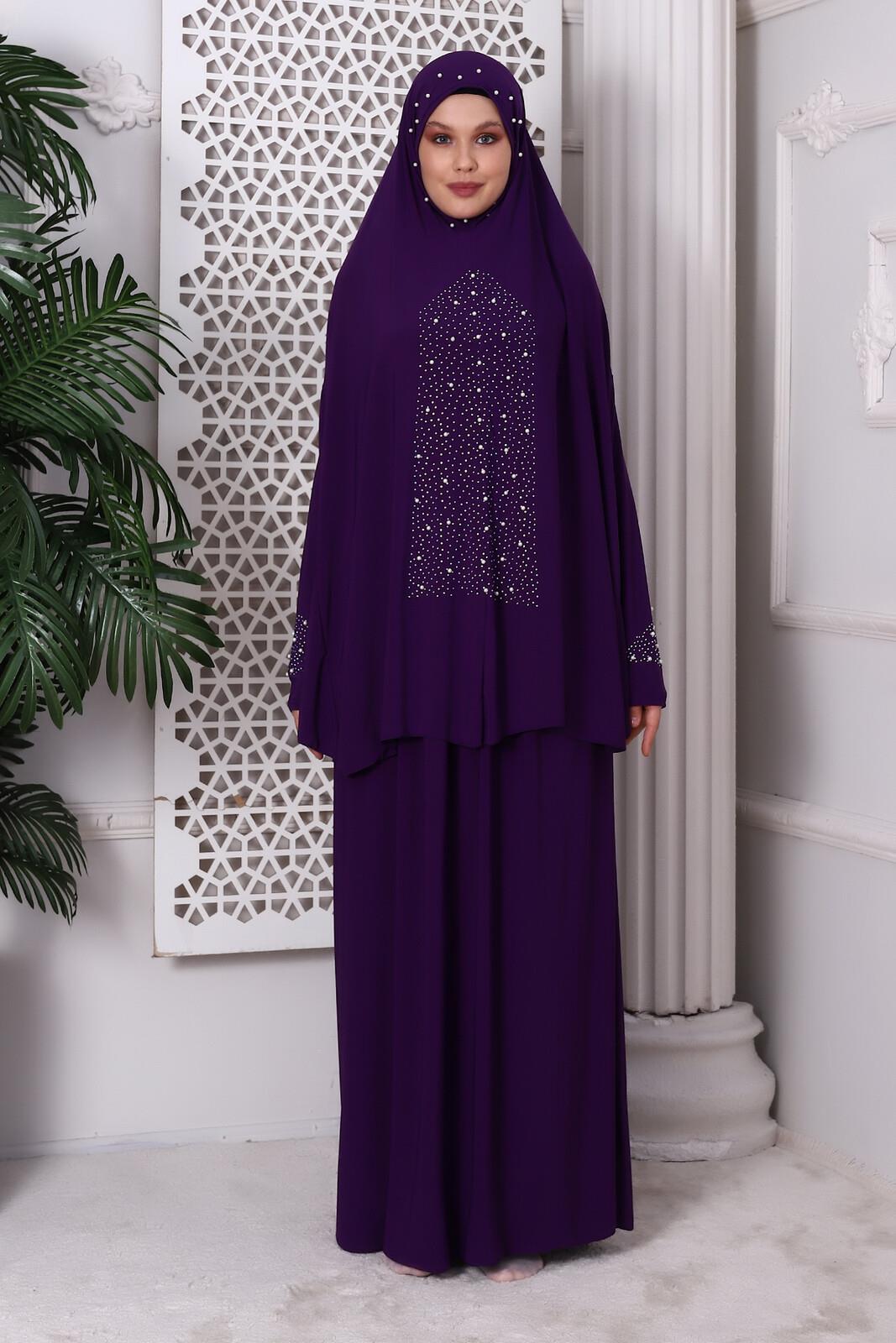 İki Parça Taşlı Alt Üst Pratik Namaz Elbisesi 8017 Mor