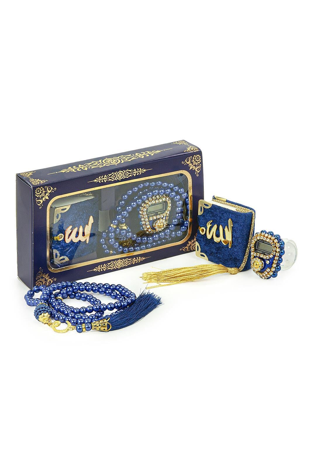 İnci Tesbihli Taşlı Zikirmatik ve Mini Kadife Kuran-ı Kerim Set Mevlüt Hediyesi - Lacivert