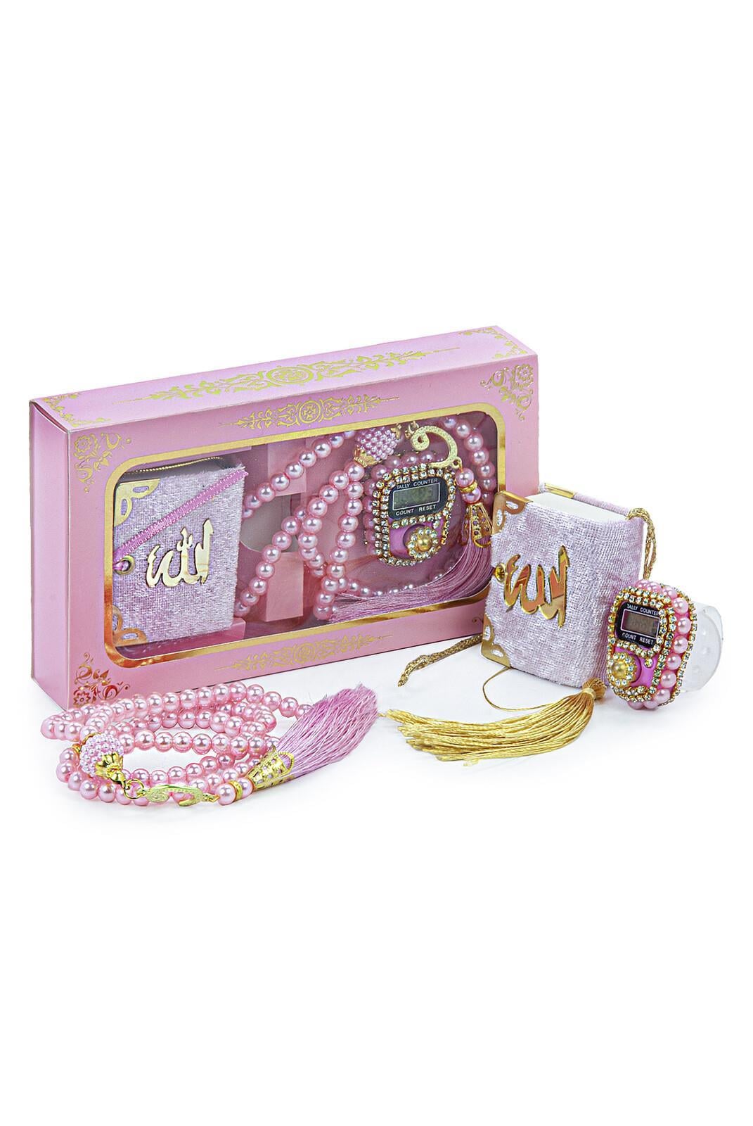 İnci Tesbihli Taşlı Zikirmatik ve Mini Kadife Kuran-ı Kerim Set Mevlüt Hediyesi - Pembe