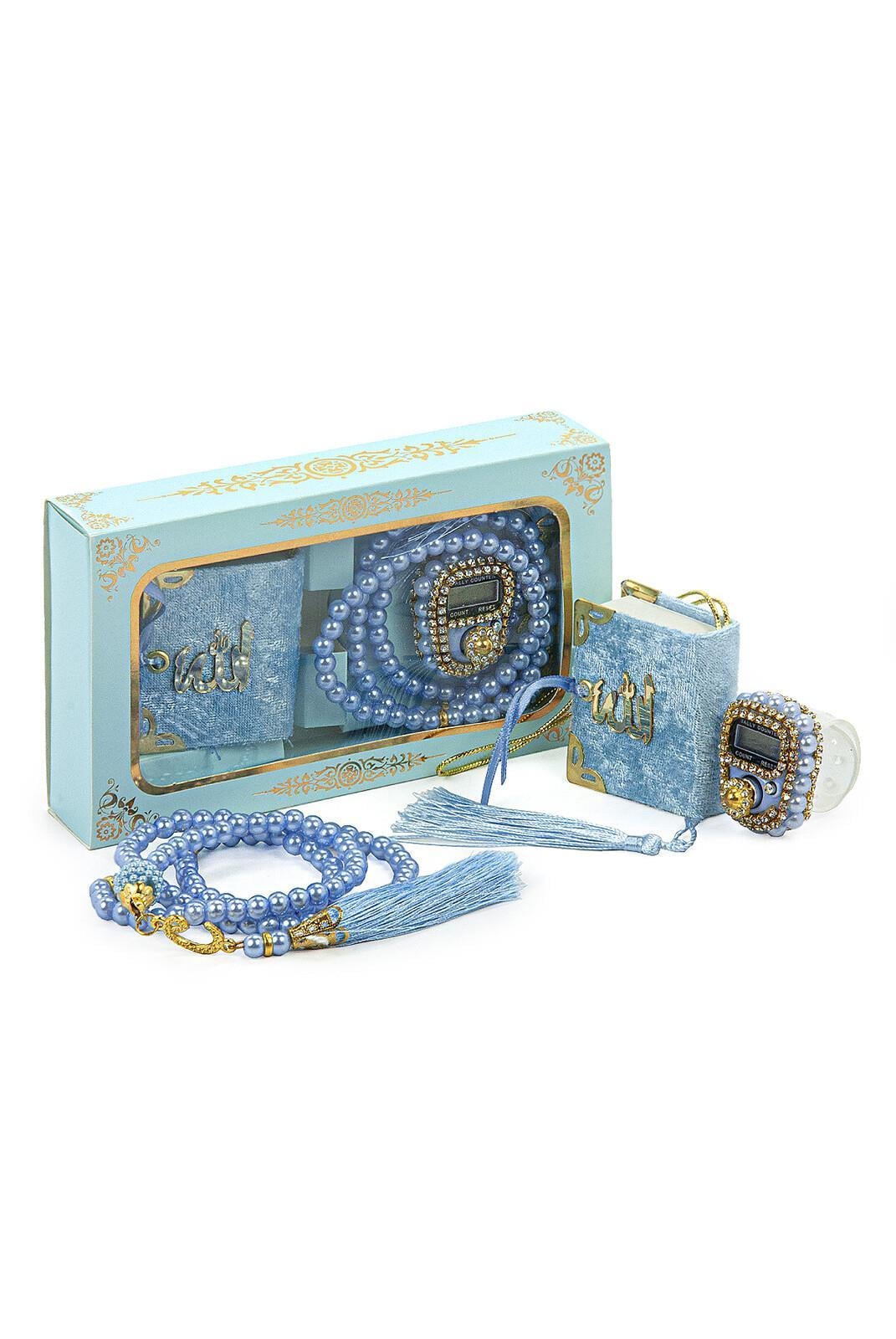 İnci Tesbihli Taşlı Zikirmatik ve Mini Kadife Kuran-ı Kerim Set Mevlüt Hediyesi - Mavi