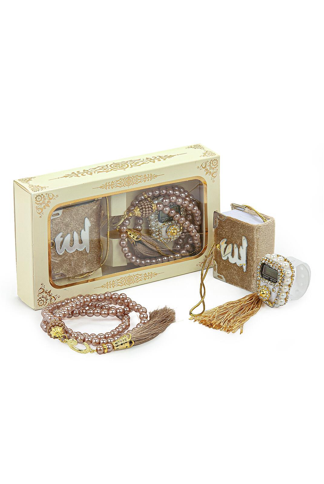 İnci Tesbihli Taşlı Zikirmatik ve Mini Kadife Kuran-ı Kerim Set Mevlüt Hediyesi - Altın