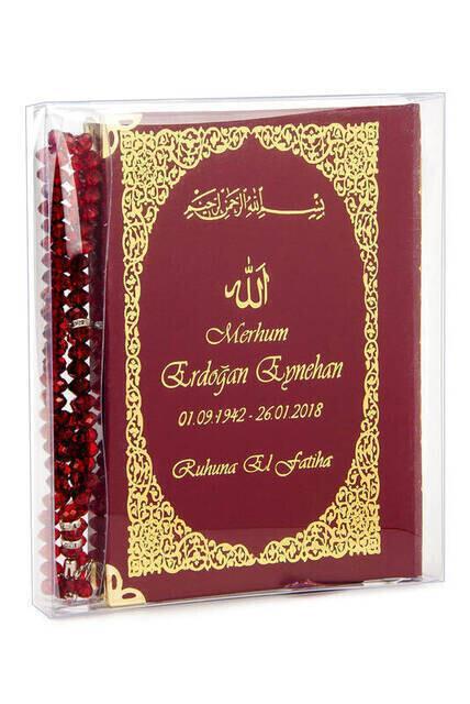 İsim Baskılı Ciltli Yasin Kitabı - Çanta Boy - 128 Sayfa - Tesbihli - Şeffaf Kutulu - Kırmızı Renk - Dini Hediyelik Set