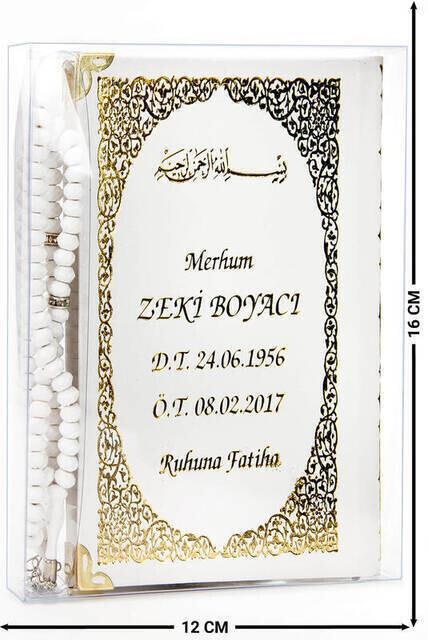 İsim Baskılı Ciltli Yasin Kitabı - Çanta Boy - 128 Sayfa - Tesbihli - Şeffaf Kutulu - Beyaz Renk - Dini Hediyelik Set