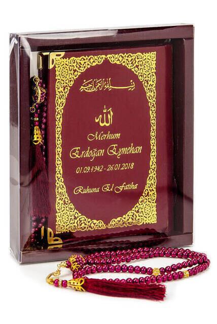 İsim Baskılı Ciltli Yasin Kitabı - Çanta Boy - 128 Sayfa - Kutulu - Vavlı İnci Tesbih - Bordo Renk - Hediyelik Set