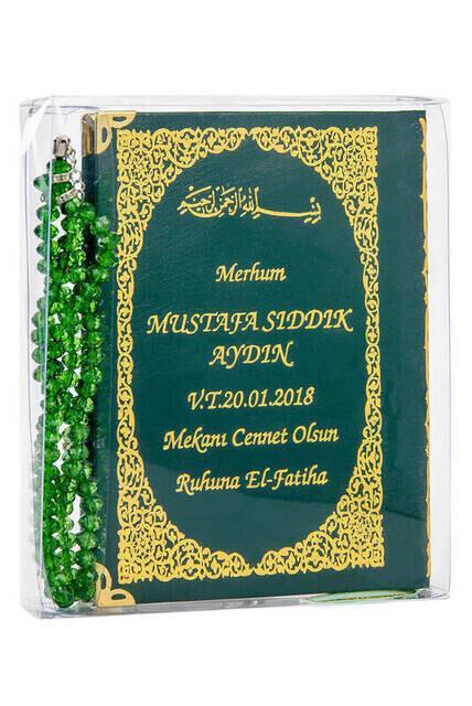 İsim Baskılı Ciltli Yasin Kitabı - Çanta Boy - 128 Sayfa - Tesbihli - Şeffaf Kutulu - Yeşil Renk - Dini Hediyelik Set