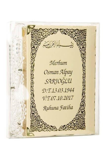İsim Baskılı Ciltli Yasin Kitabı - Çanta Boy - 128 Sayfa - Tesbihli - Şeffaf Kutulu - Krem Renk - Dini Hediyelik Set