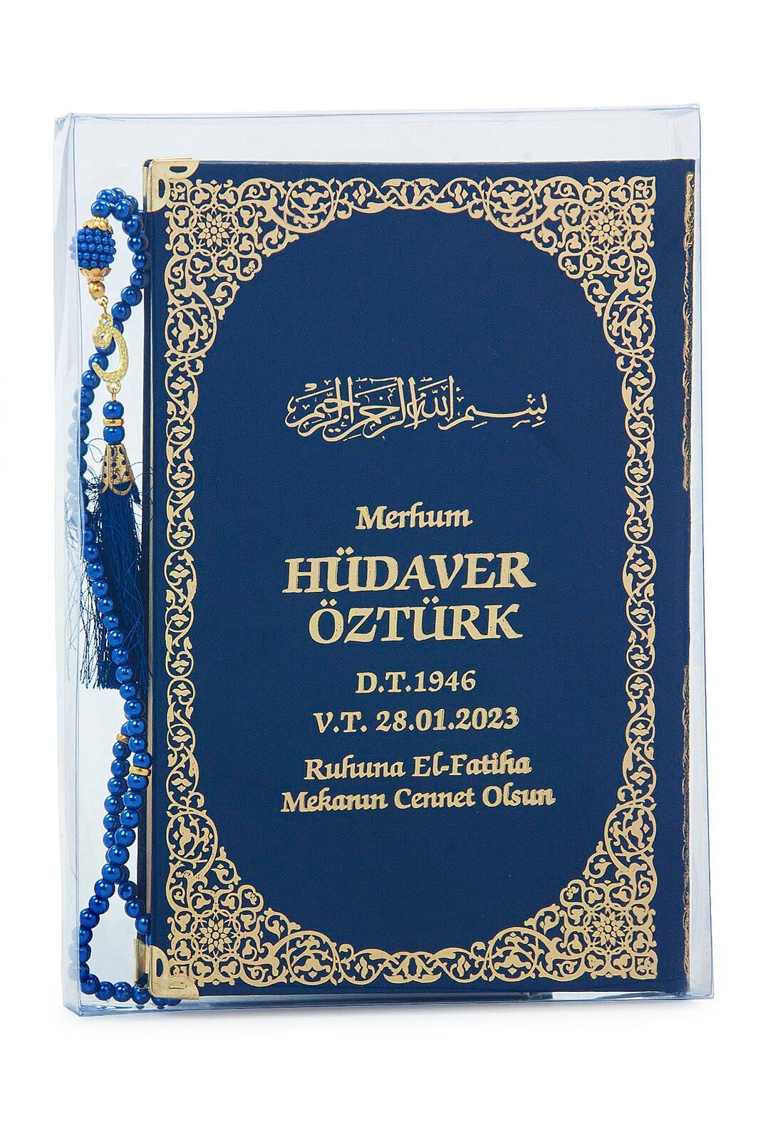 İsim Baskılı Yaldızlı Deri Ciltli Yasin Kitabı - Orta Boy - Şeffaf Kutulu - İnci Tesbihli - Lacivert Renk