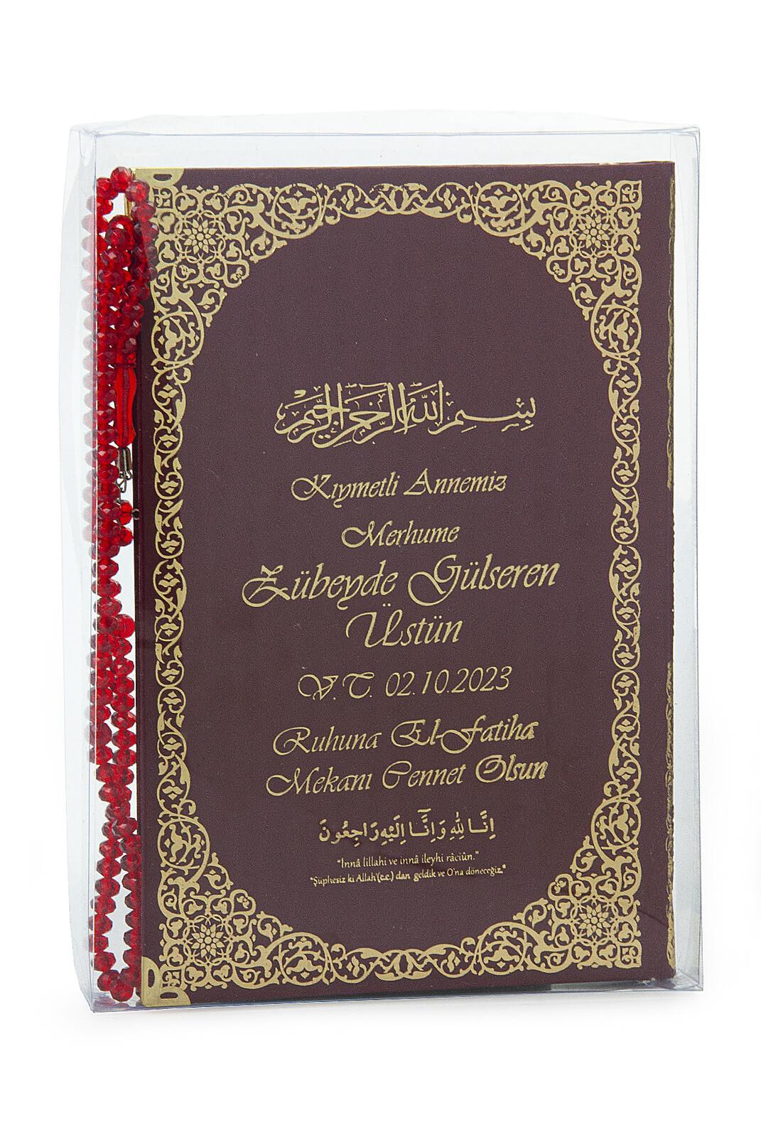 İsim Baskılı Yaldızlı Deri Ciltli Yasin Kitabı - Orta Boy - Şeffaf Kutulu - Tesbihli -  Bordo Renk