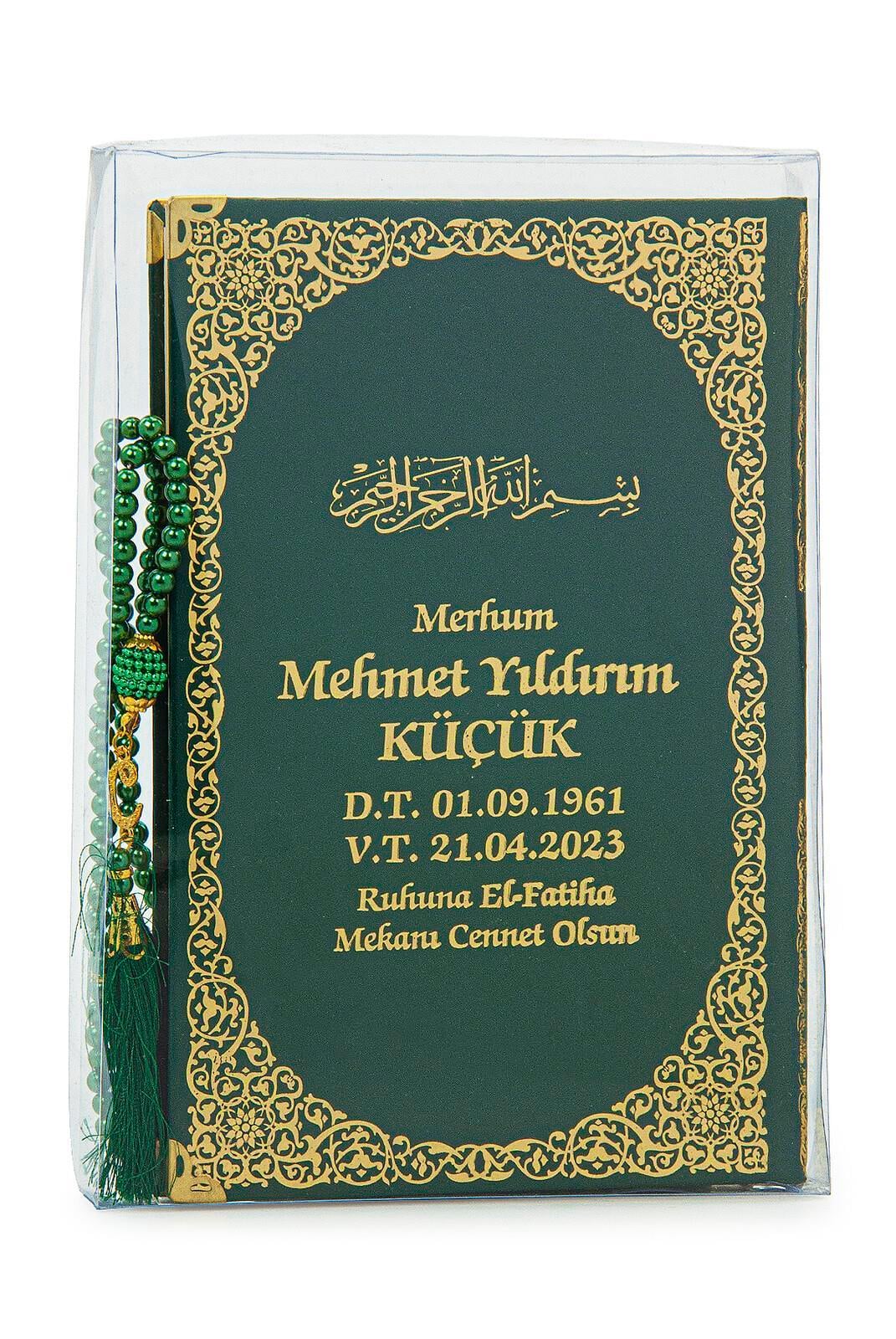 İsim Baskılı Yaldızlı Deri Ciltli Yasin Kitabı - Orta Boy - Şeffaf Kutulu - İnci Tesbihli - Yeşil Renk