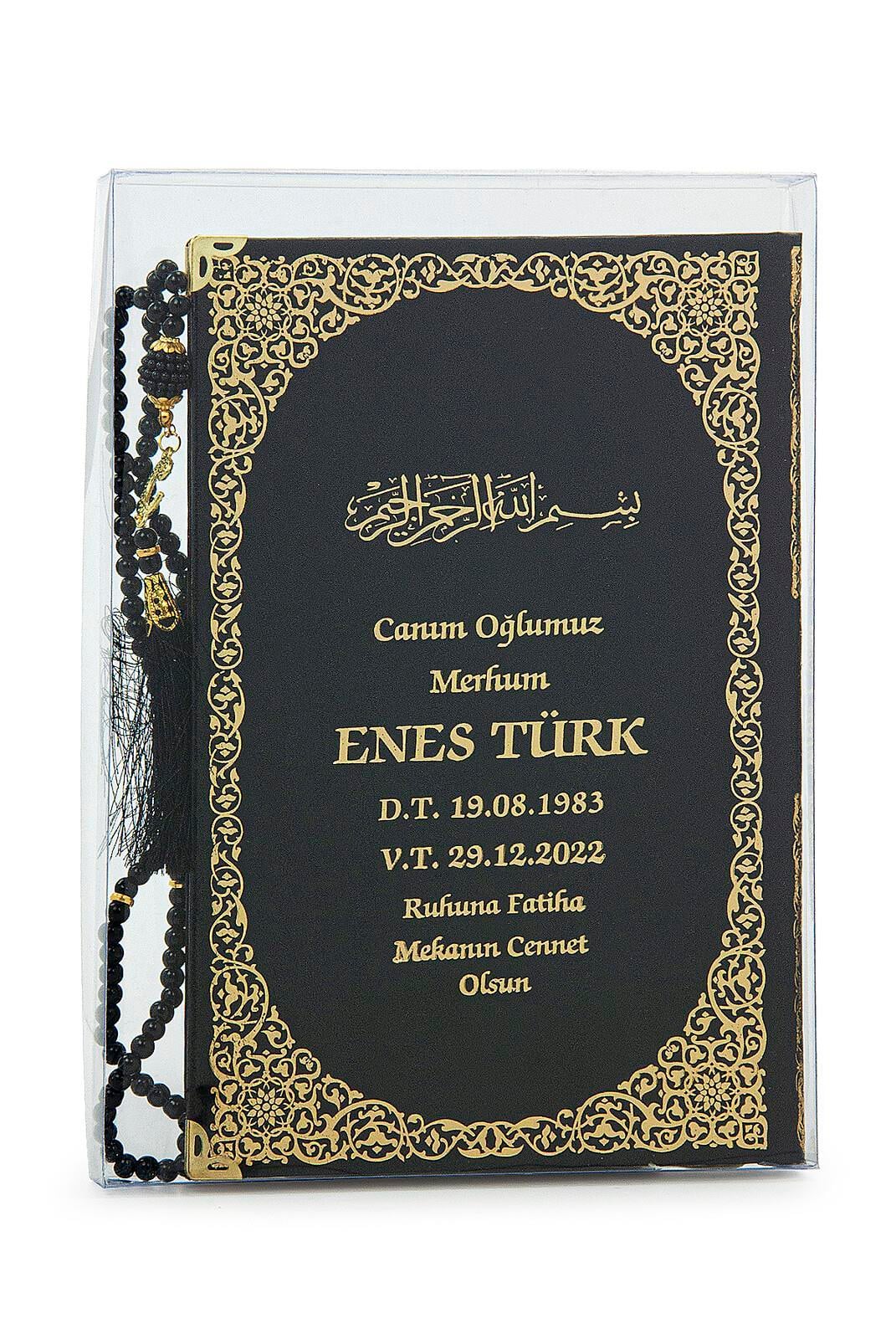 İsim Baskılı Yaldızlı Deri Ciltli Yasin Kitabı - Orta Boy - Şeffaf Kutulu - İnci Tesbihli -  Siyah Renk