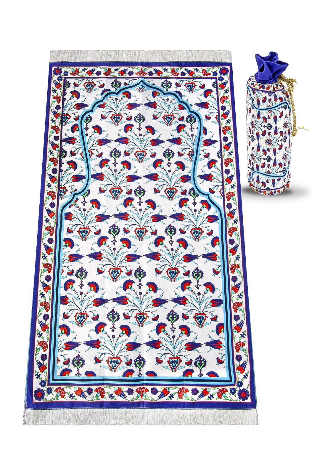 Kadife İpek Dokulu Keseli Laleli Çini Desenli Seccade - 62x110 cm, Pratik ve Taşınabilir - IPK04
