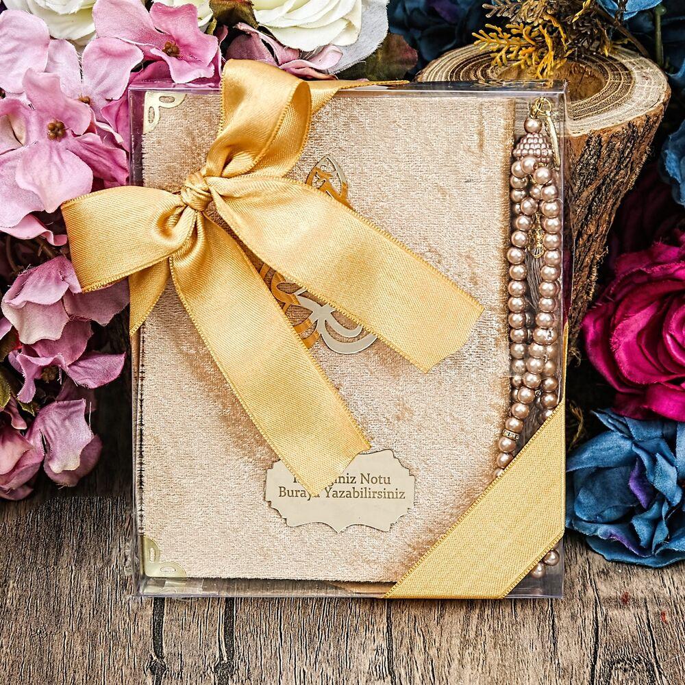 Kadife Yasin Kitabı (Çanta Boy), İnci Tesbih, Asetat Kutulu (17×15) Mevlid Seti Kahve